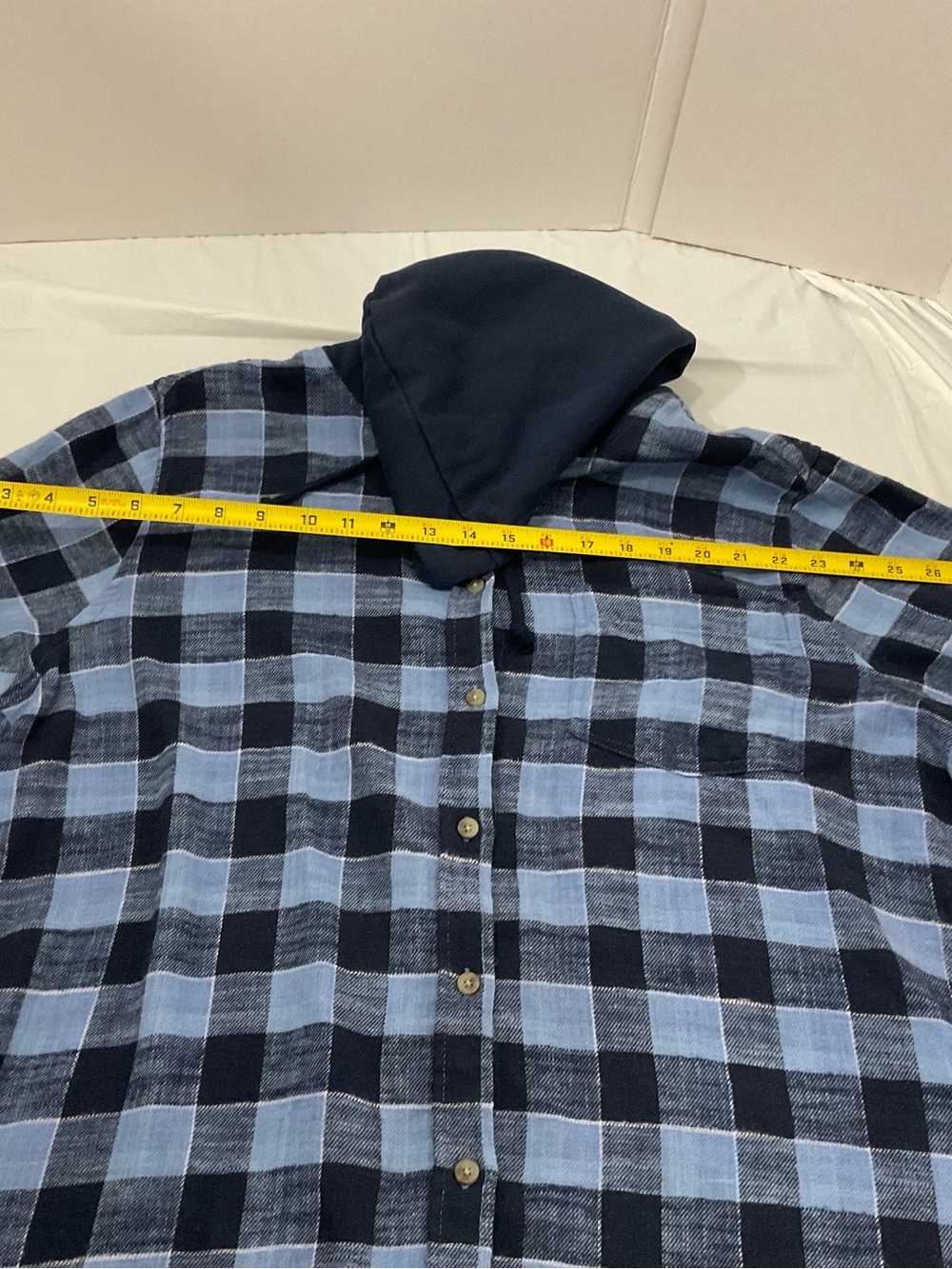 Time and Tru Blue and Navy Plaid Hooded Button-Up